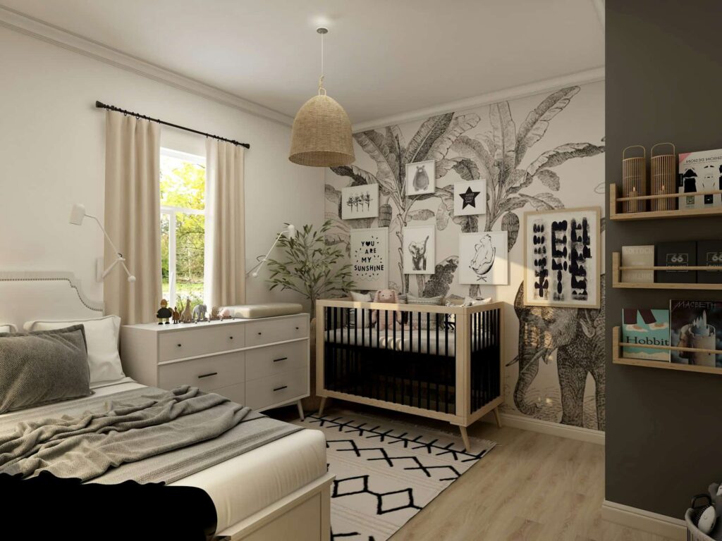 A black and white baby room featuring a crib, dresser, and bed, designed for a modern nursery aesthetic.

