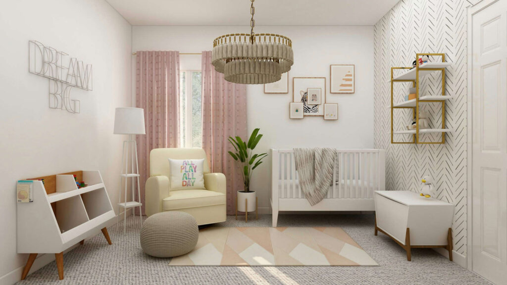 A modern baby room featuring a crib, a comfortable chair, and a soft lamp illuminating the space.