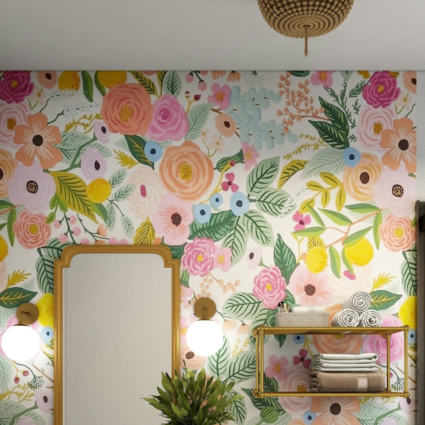 A bathroom featuring floral wallpaper and a white toilet, creating a vibrant and inviting atmosphere.