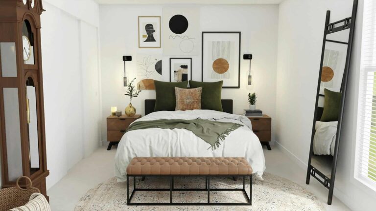 A cozy bedroom featuring a neatly made bed, a stylish dresser, and a decorative mirror reflecting the room's ambiance.